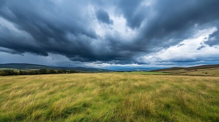 Obraz premium Dramatic Cloudy Sky Over Wide Open Field Capturing Nature's Beautiful Landscape : Generative AI