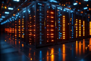 Data center filled with high-tech servers illuminated by colorful lights during late hours