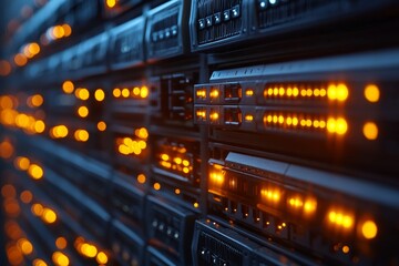 Array of illuminated servers inside a data center showcasing advanced technology during nighttime operations