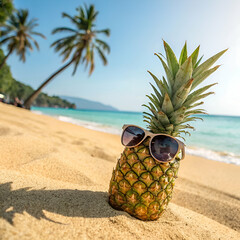 Pineapple with sunglasses in the beach Generated by Ai.