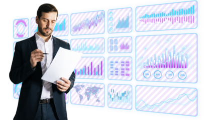 Businessman reviewing documents with futuristic financial charts on a white background. Concept of data analysis and business strategy