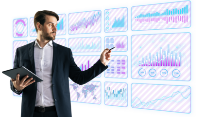 Businessman with tablet interacting with digital data interface, futuristic analytics display on a white background, concept of technology and finance