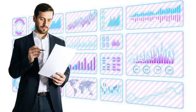 Businessman reviewing documents with futuristic financial charts on a white background. Concept of data analysis and business strategy
