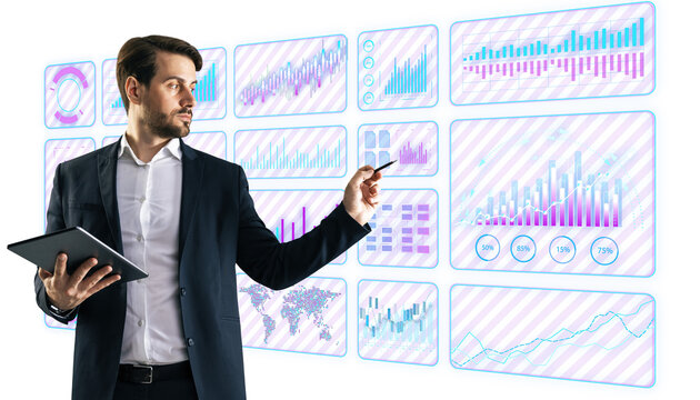 Businessman with tablet interacting with digital data interface, futuristic analytics display on a white background, concept of technology and finance