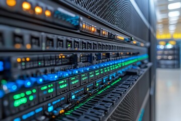 Advanced server technology with illuminated network equipment and data storage components displayed in a modern facility