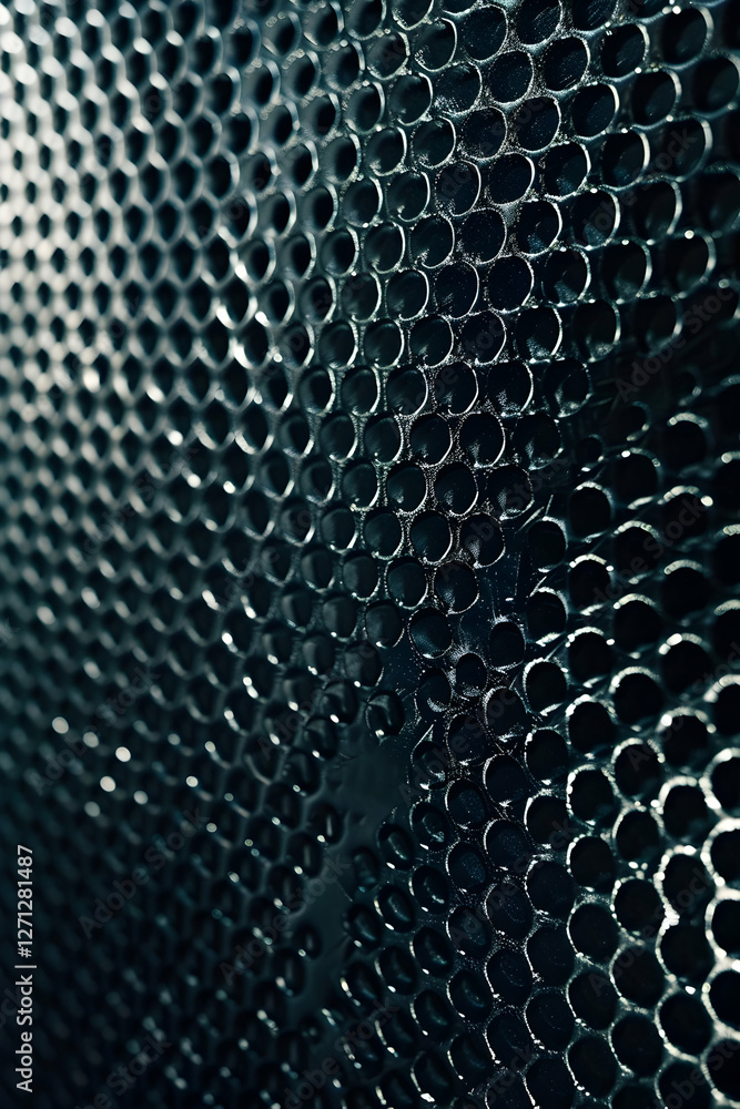 Poster close-up view of a textured metallic surface featuring hexagonal perforations reflecting light