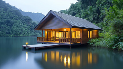 Fototapeta premium A traditional wooden house perched on a small dock in a serene lake,the surrounding lush greenery provides a sense of tranquility , shot in high resolution ,Movie Tone dramatic.