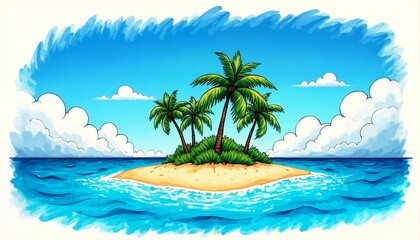 Obraz premium A tropical island with palm trees and white sand.