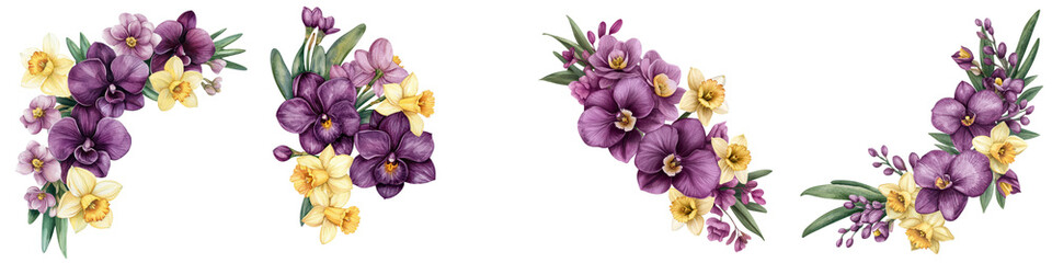 Obraz premium Vibrant Purple and Yellow Floral Bouquet in Arrangement Beautiful spring flowers like daffodils and orchids in a vintage vase Romantic and elegant botanical background for wedding Mother s Day