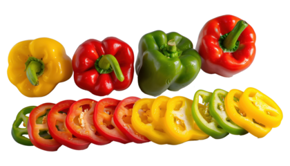 Fresh bell pepper collection in vibrant colors, perfect for culinary use and healthy dishes. Ideal for commercial and editorial applications. Isolated on Transparent Background