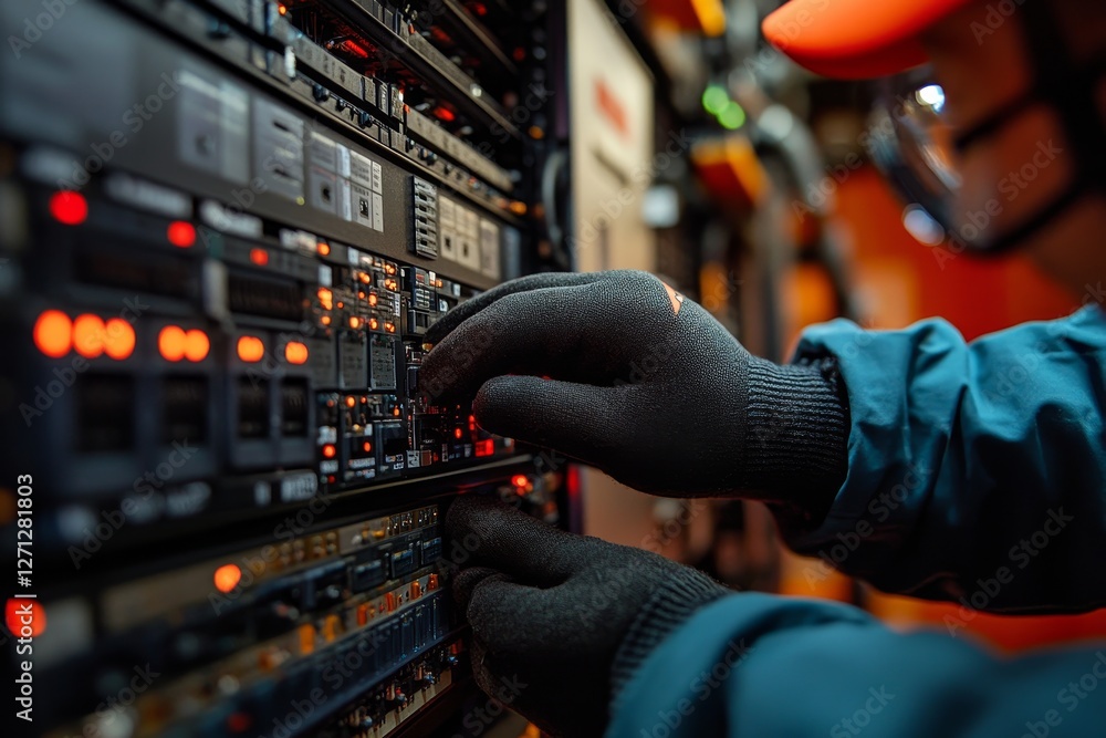 Poster technician working on server equipment in a data center during the evening shift