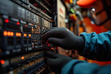 Technician working on server equipment in a data center during the evening shift