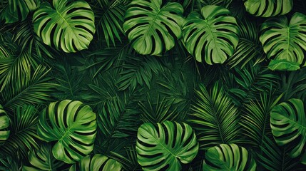 Background pattern leaf concept. Lush Tropical Foliage with Overlapping Monstera and Palm Leaves