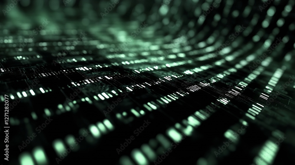 Aufkleber Futuristic green and black digital landscape showcasing a sea of glowing data bits and information flow : Generative AI