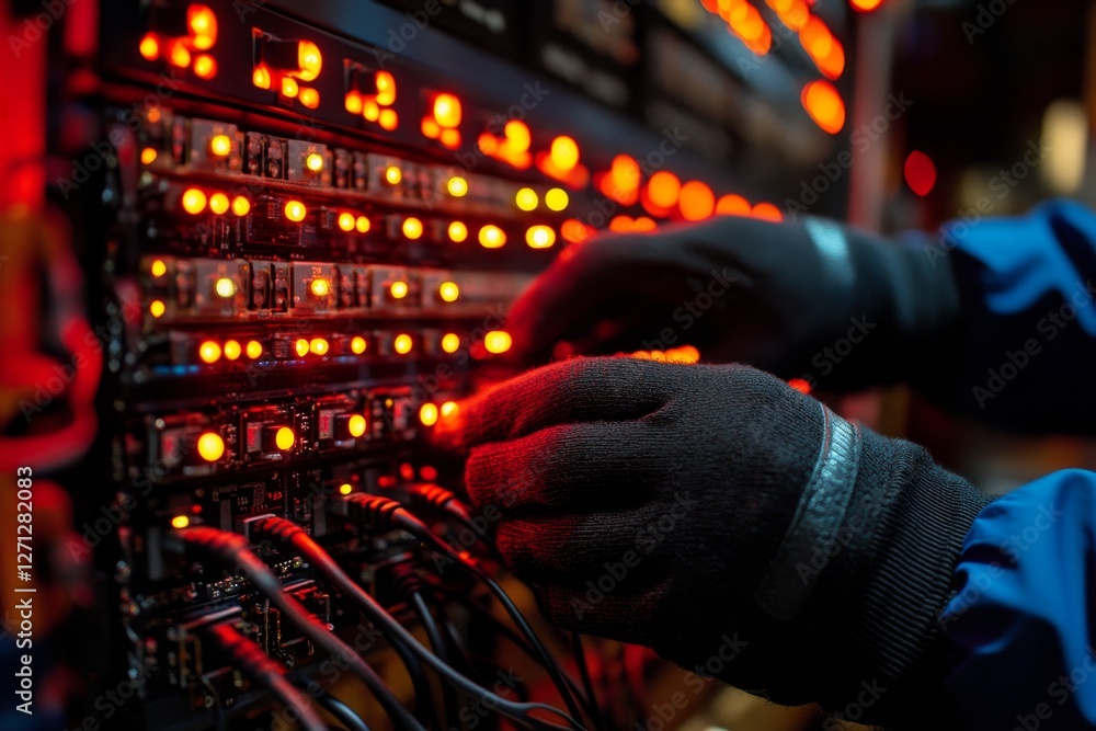 Aufkleber technician adjusts connections on a server rack amid glowing indicator lights in a data center