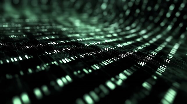 Futuristic green and black digital landscape showcasing a sea of glowing data bits and information flow : Generative AI - Powered by Adobe