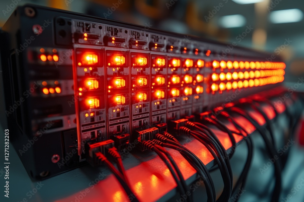 Poster led server rack with glowing indicators and connected cables in a data center during evening hours