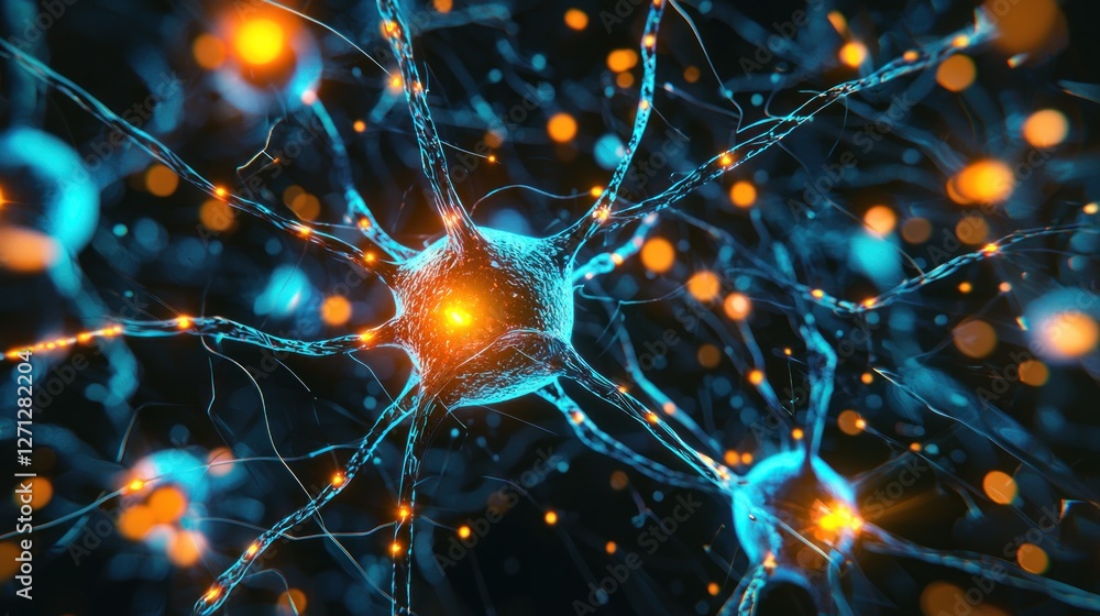 Poster microscopic view of a neuron cell, brain cell network, neural connections, synapses and neurotransmi