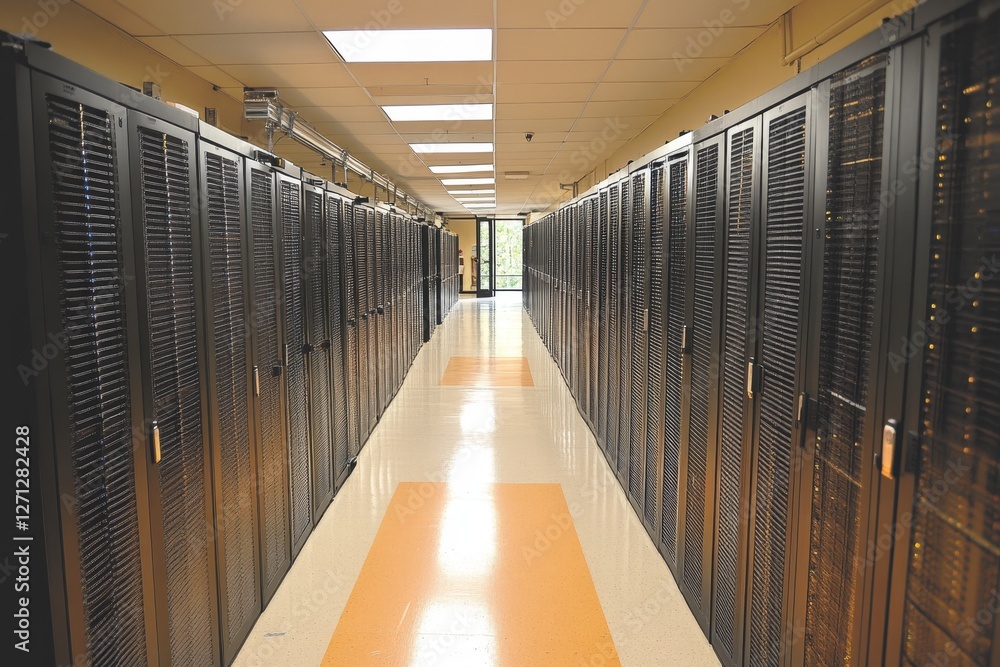 Poster rows of servers in a data center with organized layout and bright lighting during the day