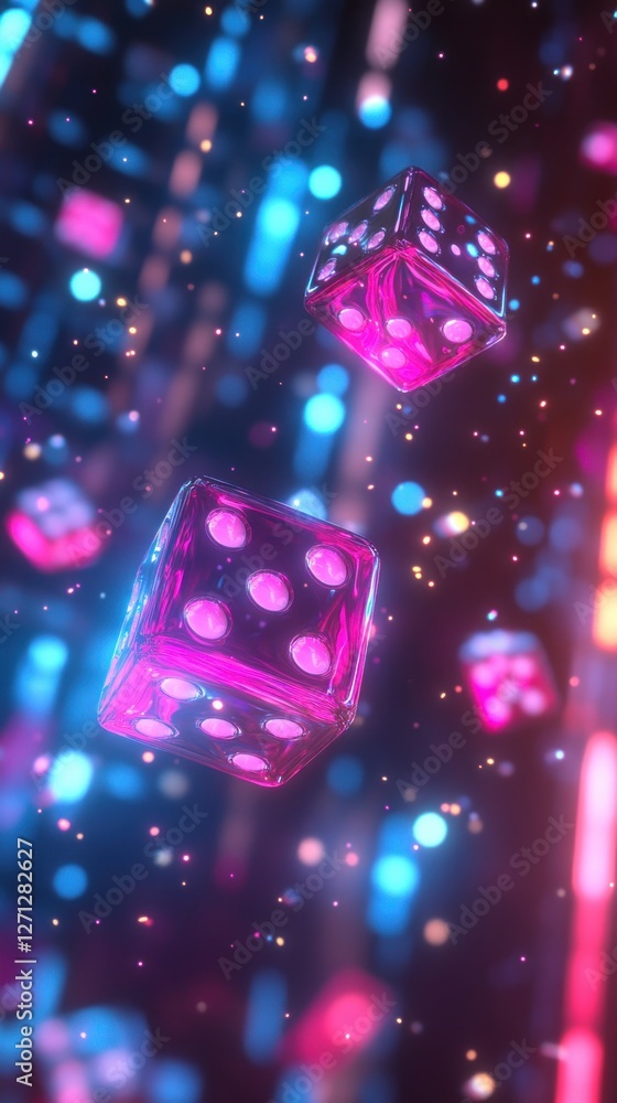Poster Neon Dice Floating Amidst Sparkling Digital Bokeh Background