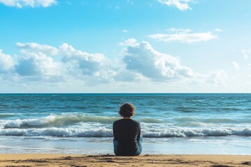 Fototapeta premium person sitting by the ocean, staring out at the waves, lost in their thoughts and dreams, minimal background with copy space
