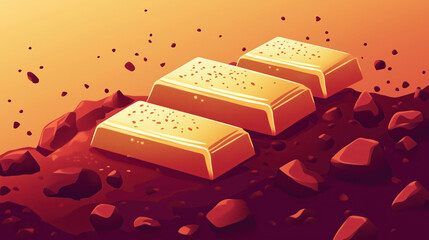 Golden bars resting on rich cocoa and coffee mountain, creating striking contrast. warm tones evoke sense of luxury and indulgence