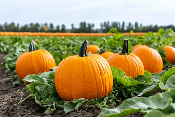 Ripe pumpkins in autumn field, harvest season