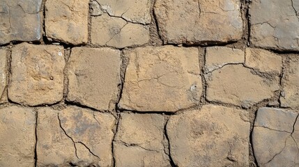 Obraz premium Aged brown brick wall background with cracks, stains, and a rough texture, ideal for industrial and historical design concepts.