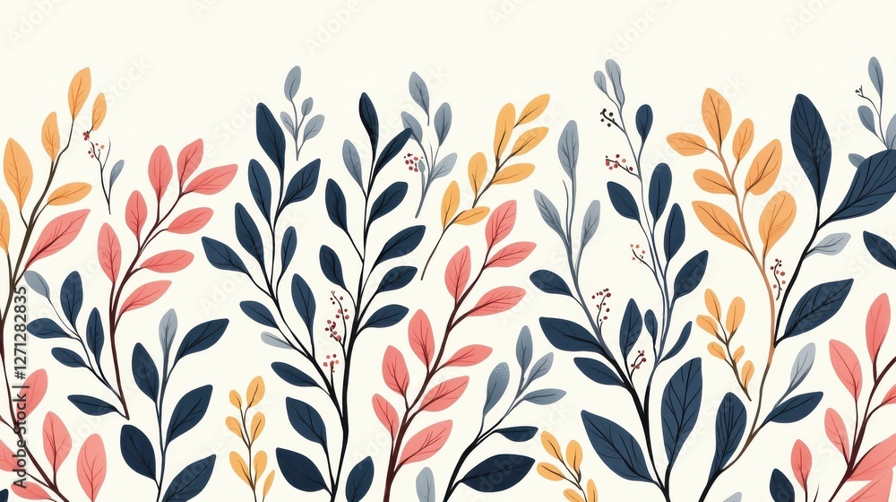 Poster background pattern leaf concept. scattered leaves in whimsical botanical pattern with vibrant colors