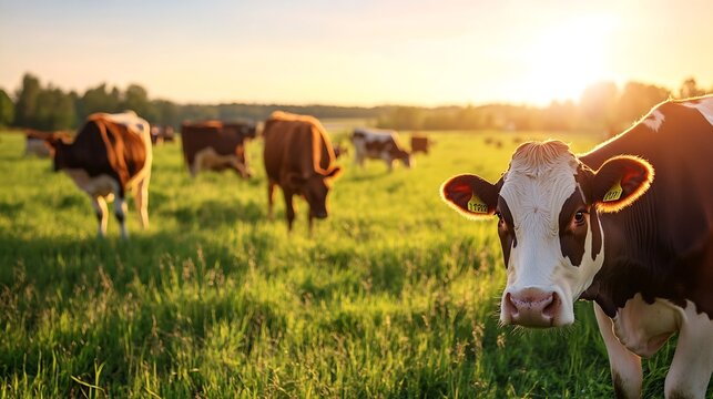 Charming group of cows grazing peacefully in a lush green field during sunset : Generative AI