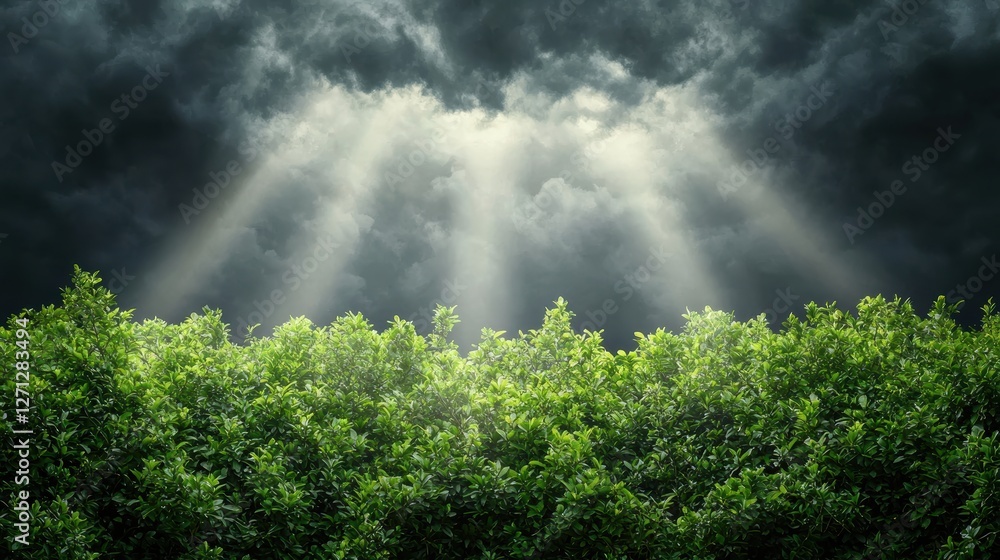 Poster sunbeams streaming through a gap in storm clouds, illuminating a lush green forest and creating a dr