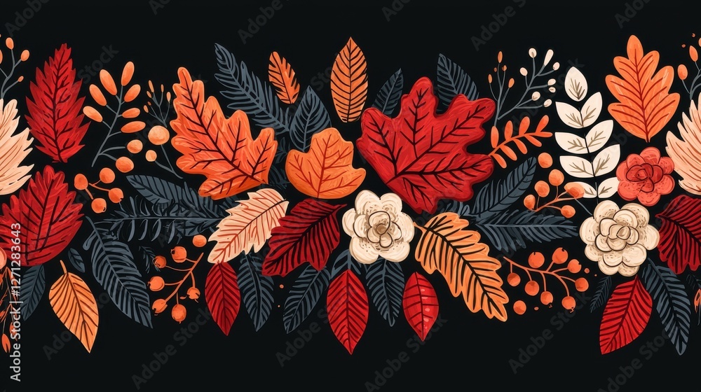 Poster background pattern leaf concept. vibrant autumn leaf pattern with hand drawn foliage elements