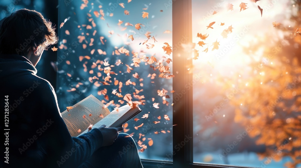Poster light rays filtering through a window, illuminating a person reading a book in a peaceful, contempla