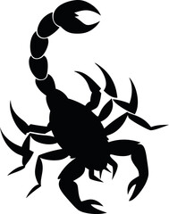 Minimalistic Black Silhouette Vector Illustration of a Scorpion with Raised Tail, Desert Creature, Dangerous Animal, Fearsome Insect, Venomous Wildlife, Sharp Stinger, and Powerful Nature Art.