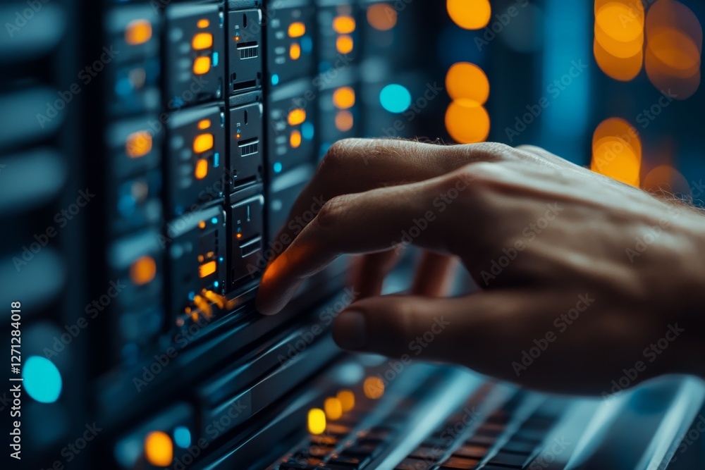 Poster server management and maintenance work during night hours with illuminated data indicators