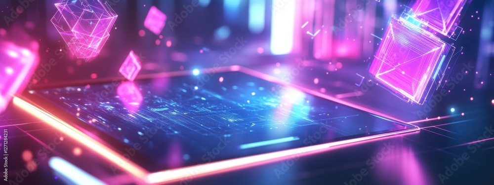 Poster futuristic digital interface with glowing neon elements and holographic projections in a dark space