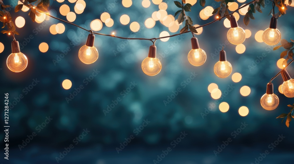 Poster a string of fairy lights with a warm, glowing bokeh effect, creating a cozy and festive atmosphere.
