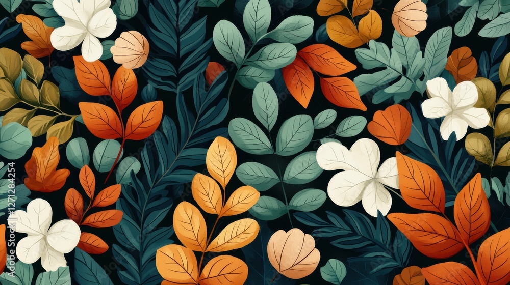 Poster background pattern leaf concept. vibrant hand drawn forest leaf pattern with colorful oak and maple 