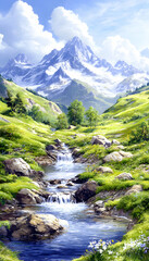 Serene mountain stream, idyllic valley, scenic landscape, nature postcard