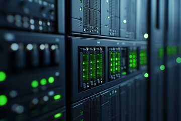 Data center featuring a close-up view of servers with green indicators illuminating the equipment