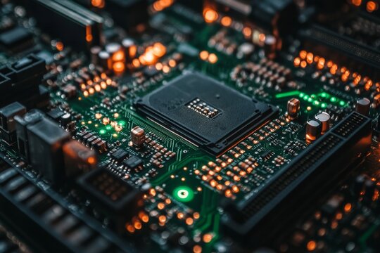 Detailed close-up of a server motherboard showcasing intricate circuit design and glowing components