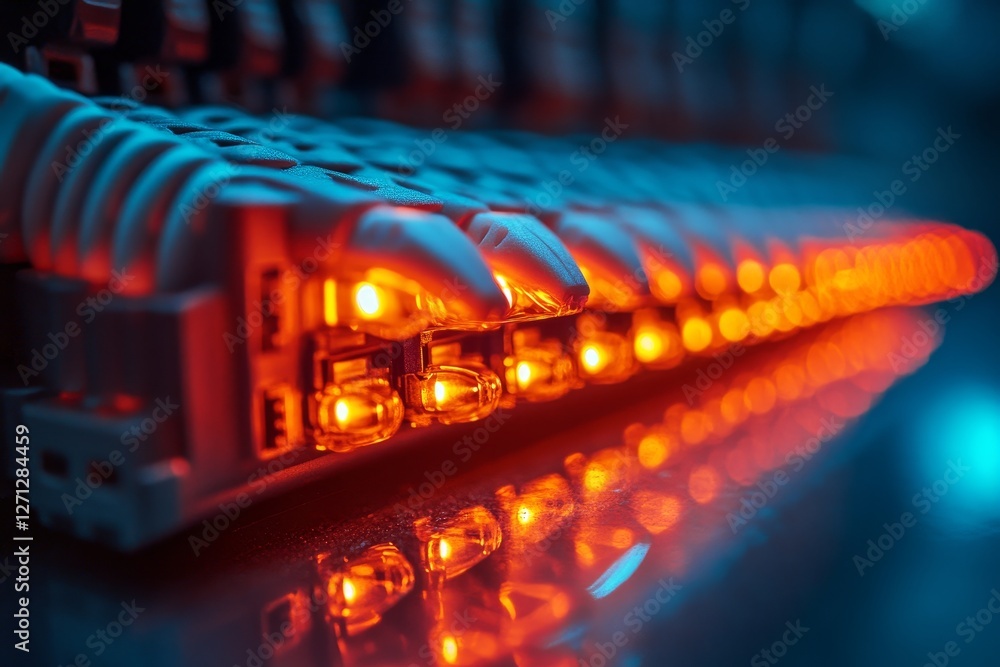 Poster nighttime close-up of a data server with glowing lights in a technology environment