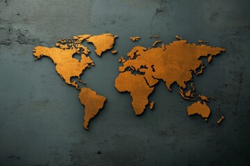 Black and Gold World Map on Dark Background Featuring Global Cities and National Borders
