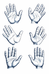 Obraz premium Six hands, various angles, white background, medical illustration