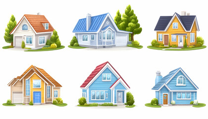 Six colorful suburban homes, green lawns, trees; real estate illustration