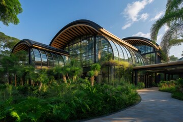 Fototapeta premium Lush greenery surrounds modern glass conservatories, reflecting sunlight in a serene botanical garden