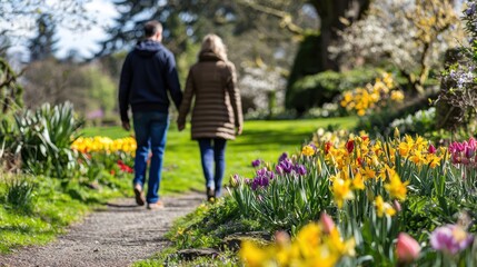 Obraz premium Couple Strolling Through a Spring Garden