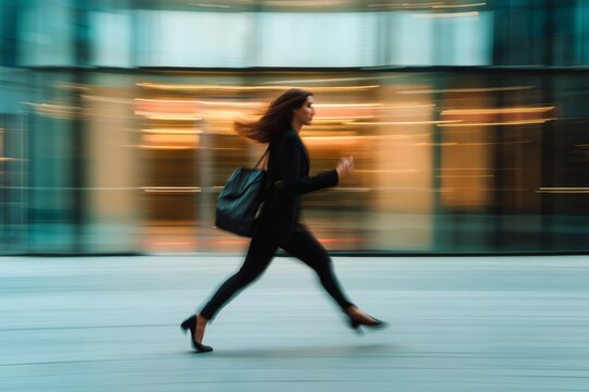 Businesswoman running in the city with motion blur effect, showcasing the fast paced business world