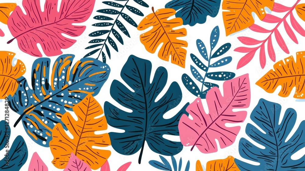 Poster background pattern leaf concept. vibrant tropical leaf clusters with monstera and ferns in botanical