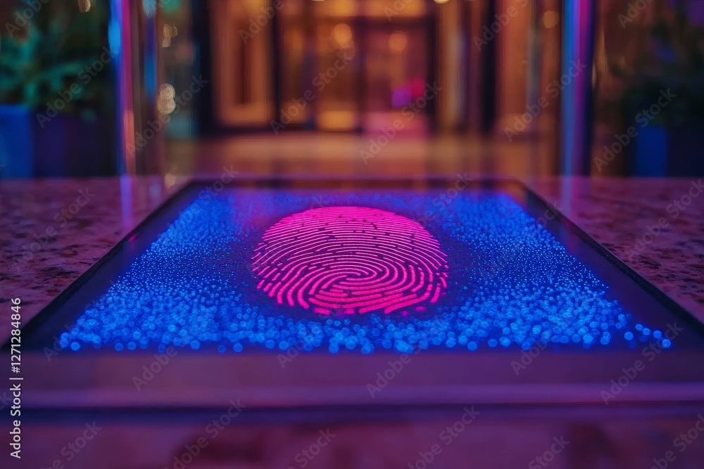Poster artistic representation of a fingerprint on illuminated surface in a modern entryway of a high-end b